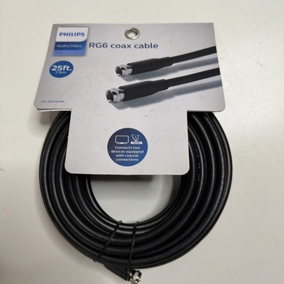 Philips 25 ft (7.6 m) Audio/Video RG6 Coax Cable - Universal - Black - Brand New
