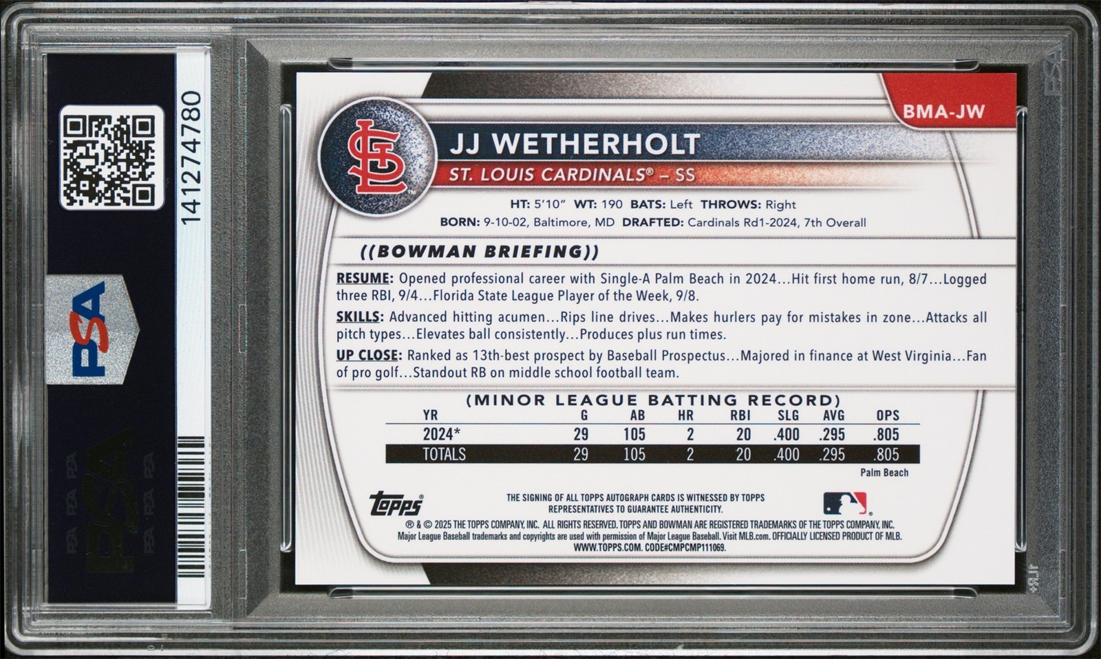 2025 Bowman Chrome Mega Box JJ Wetherholt Prospects Auto PSA 10 Auto 10 POP 3 view 2