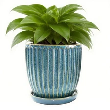 6 Inch Glaze Blue Ceramic Plant Pots with Drain Hole & Saucer, Flower Pots fo...