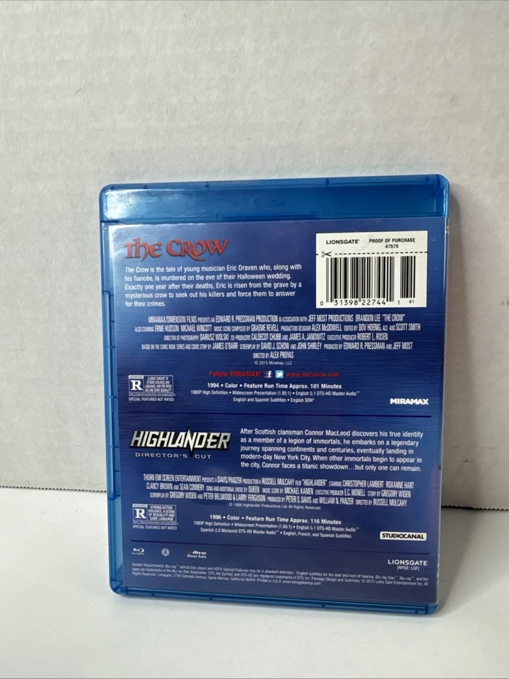 Highlander / The Crow (Blu-Ray 2-Disc Set) Double Feature RARE OOP!! - Image 2 of 4