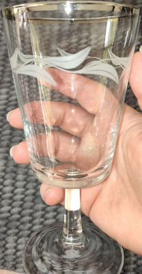 Clear Glass Wine Glass Etched Floral Design Silver Rim Classic 7 oz