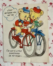 Vintage 1942 Birthday Anthropomorphic Teddy Bears on Bicycles Greeting Card