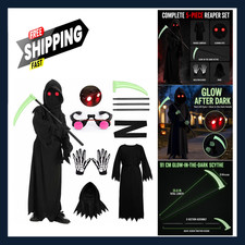 Kids Halloween Costume Set Grim Reaper with Glowing Eyes, One-Piece Jumpsuit
