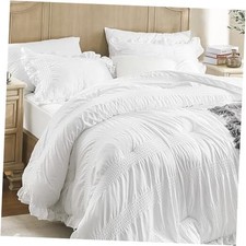 Comforter Set Seersucker 7 Pieces Luxury Ruffle Bed in a Bag Size Queen White