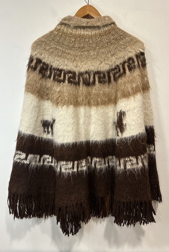 Vintage Alpaca Wool Poncho O/S One Size Neutral Striped Boho Hippie Western - Picture 4 of 9