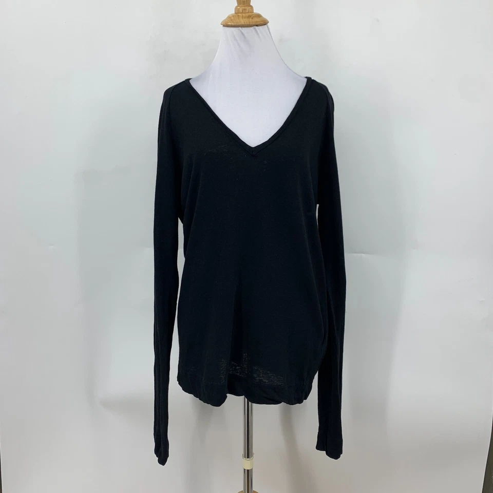 Camiseta para mujer J Brand cuello en V pequeña negra manga larga lino algodón ligera Foto 2 de 4