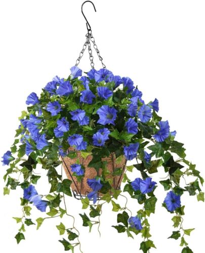 Vibrant Blue Artificial Petunia Hanging Flowers in Coconut Lining Basket - Picture 3 of 7