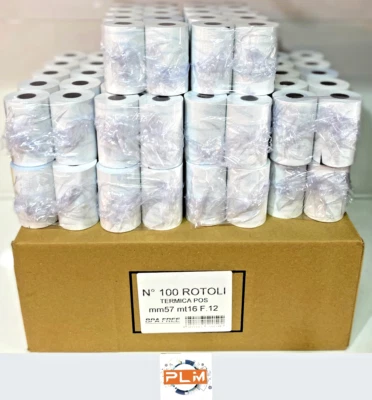 100 ROTOLI CARTA TERMICA PER POS mm 57x16 mt - F. 12 - rotoli pos