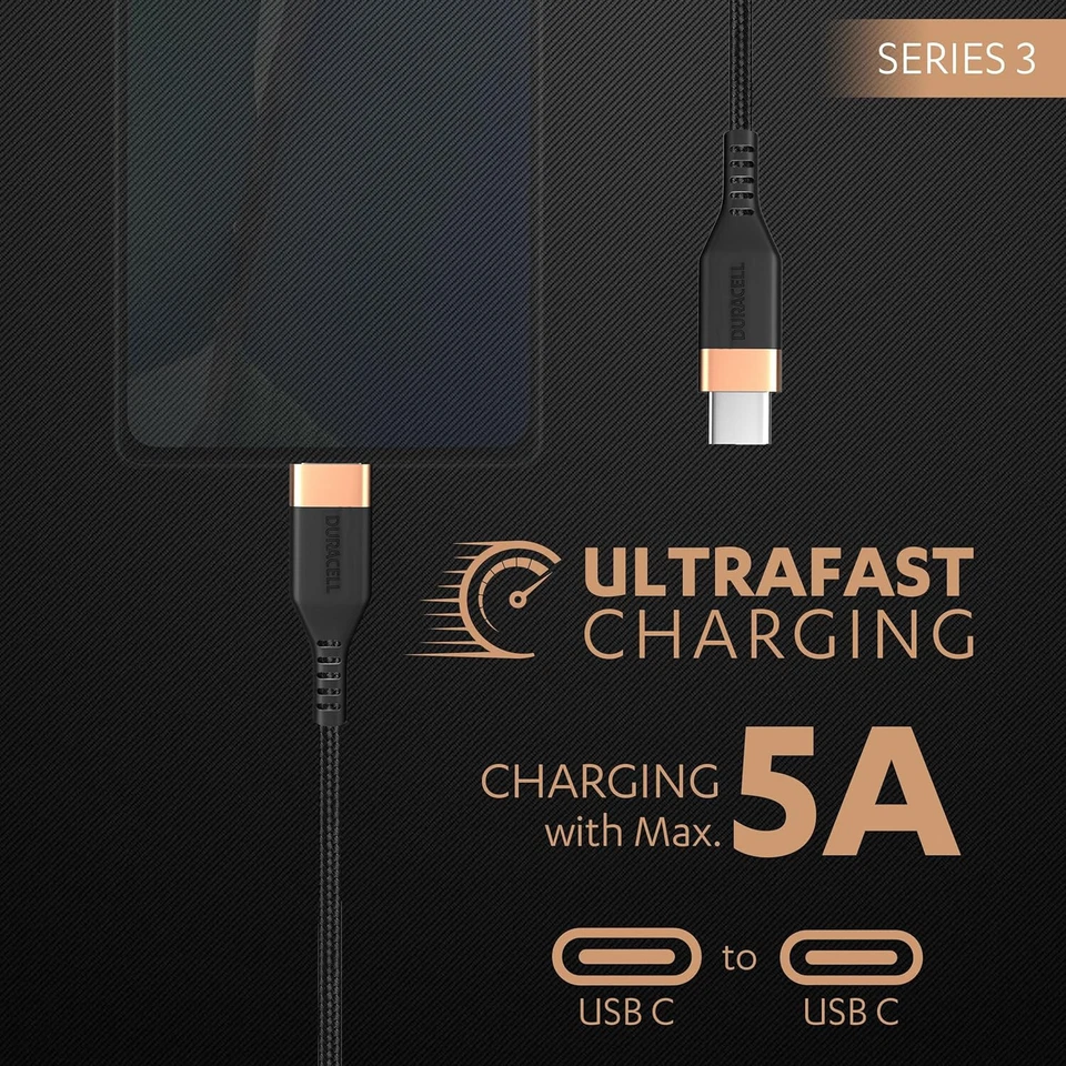 Cable de Carga DURACELL Tipo-C a Tipo-C 1.2M Trenzado 5A-100W y Sincronización hasta 5GB/seg Foto 3 de 4