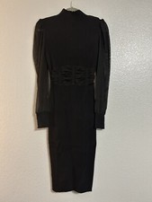 Womens black stretch mesh Ruching Puff long sleeve Sweater Midi Dress size small