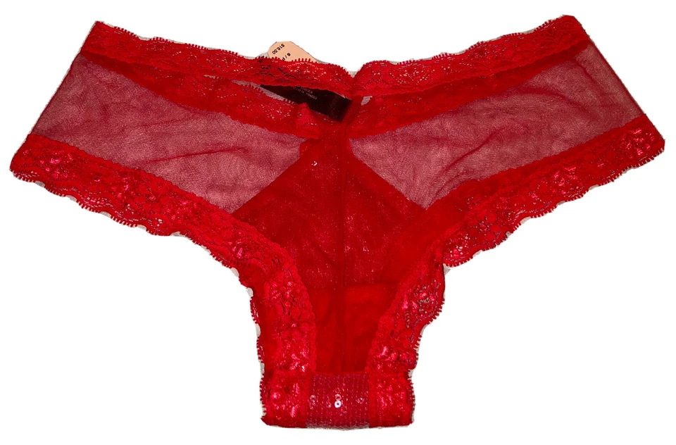 Victorias Secret Sexy Red Mesh Lace Sequin Cheeky Calcinhas -SZ S-Dia dos Namorados! - Imagem 2 de 3