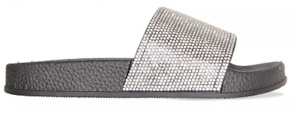 Womens Ladies Slip On Sparkly Diamante Bling Sliders Black Silver Summer Sandals