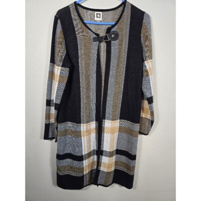 Anne Klein Plaid Cardigan Duster Open Front Long Sleeve Black Tan Gray S