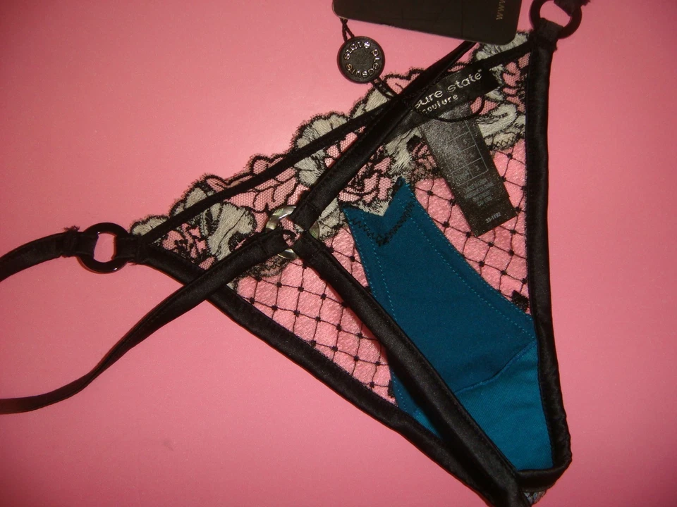 NWT PLEASURE STATE couture S thong Black Teal blue floral embroidered fishnet - Изображение 3 из 4