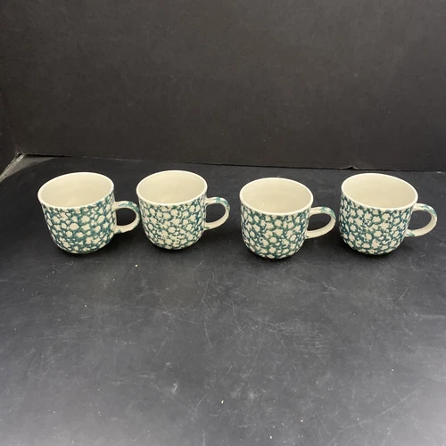 Folk Craft Moose Country Mugs Set Of 4 Tienshan Pottery Green Sponge Cabin Decor