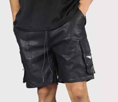 Herren Neue Schwarze Cargo Leder Shorts| Echt Lammfell Leder Biker Shorts 34.