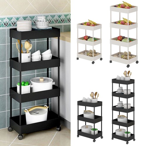 Plastic Trolley Basket Rack Kitchen Corner Bookshelf Shelving Unit Wheel - Picture 3 of 21