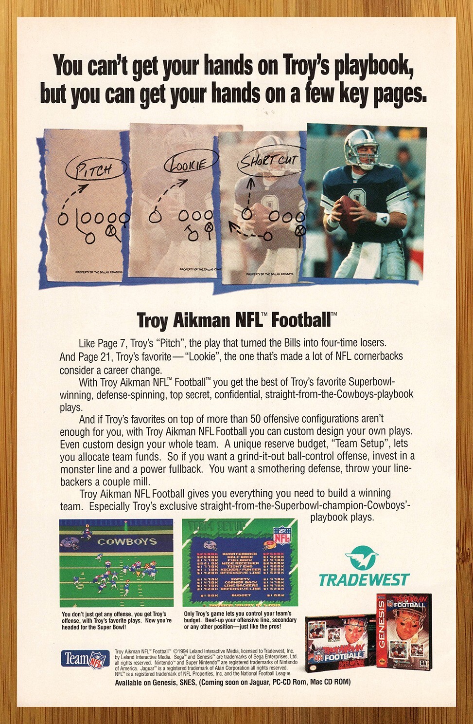 Troy Aikman 1994 NFL Fútbol SNES Genesis Jaguar PC Impresión Anuncio/Póster Juego Arte