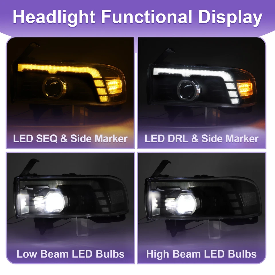 LED Projector DRL Sequential Headlights For 1994-2002 Dodge Ram 1500 2500 3500 - Image 4 of 4