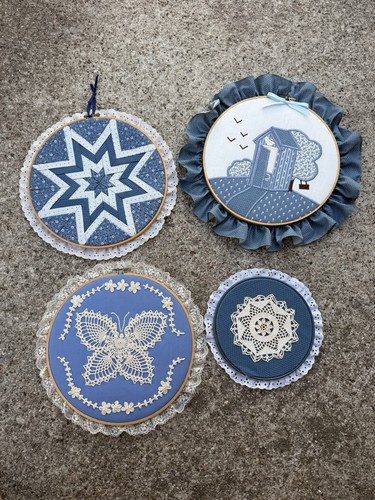 VTG Handmade Quilted Star Embroidery Hoop Blue Butterfly Cottage Core Farm Lot 4