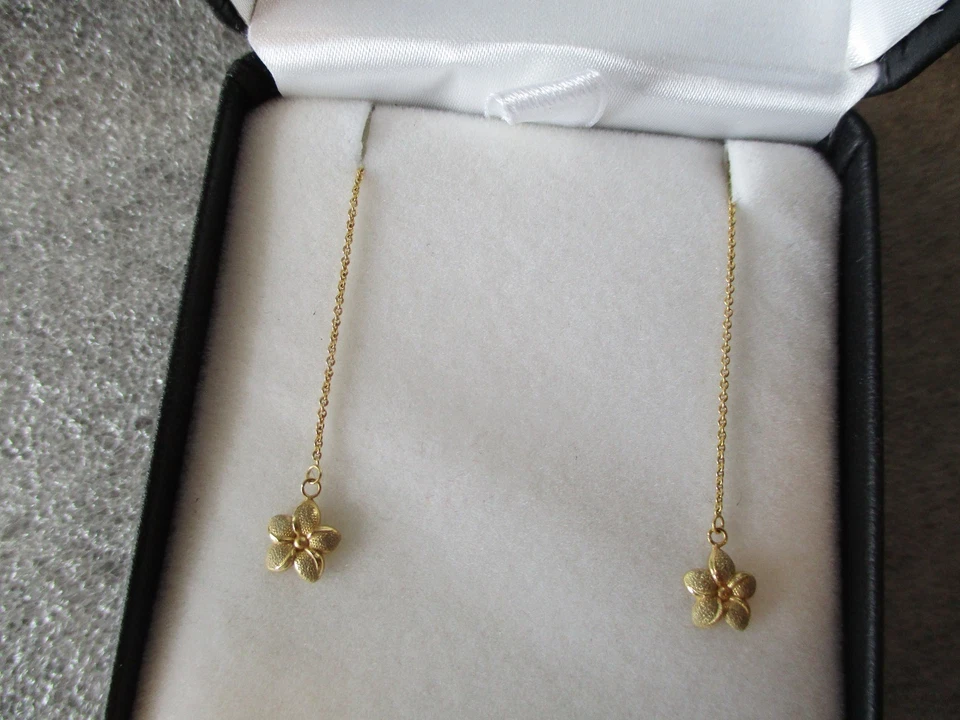 14K YELLOW GOLD FLOWER THREADER EARRINGS (CABLE CHAIN) - 0.95g - Image 4 of 4