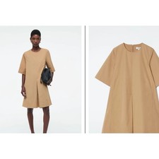 NWT COS Pleated Cotton Mini Dress Camel Tan Size 6 Minimalist