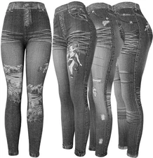 Stretch Printed Leggings High Waist Women's Grey Denim Look Leggings Pants