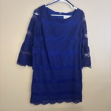 Eliza J Dark Blue Lace Sheath Dress Womens Size 8 Boat Neck 3/4 Sleeve Lined