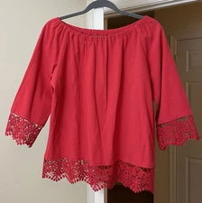 Draper's & Damon's Top Red Crepe Crochet Gypsy Bohemian Women's PL Large