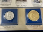 Benjamin Franklin Coin & Stamp Folio 24kt Plated 90% Silver Dollar & 1963 Half