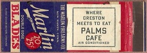 vintage ~ PALMS CAFE ~ at CRESTON, IA on MARLIN RAZOR BLADES matchbook cover
