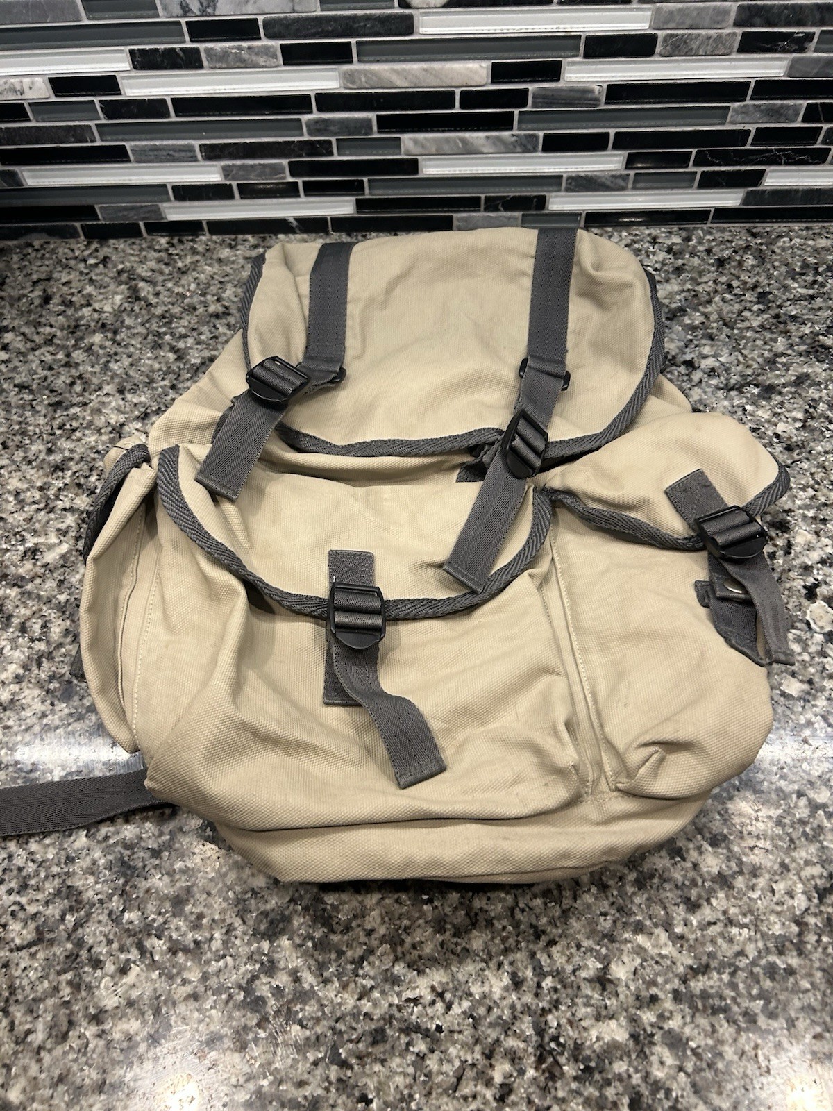 Vintage Gap Canvas Beige Military Safari Travel Backpack Knapsack Y2K
