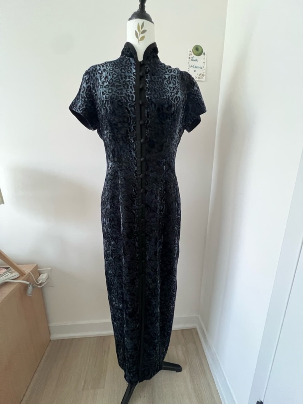 Navy Leopard Crushed Velvet Cheongsam Dress Mandarin Collar Jones New York S