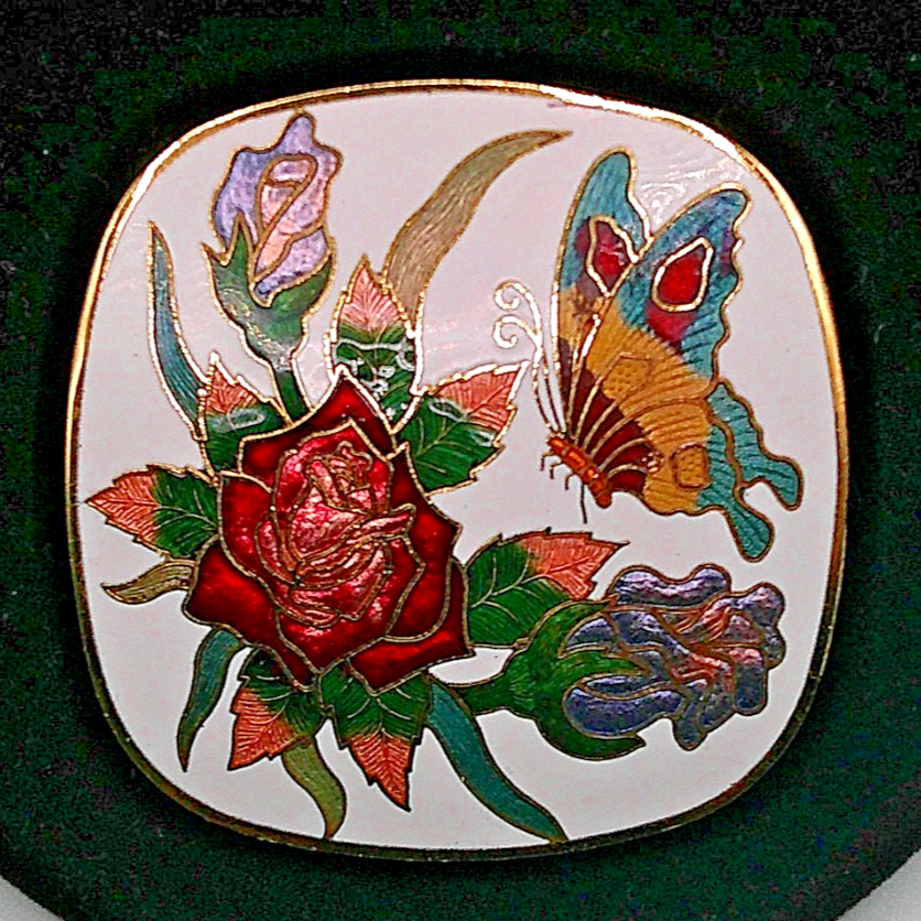 Vintage Enamel Cloisonne Butterfly and Roses Gold Tone Over  display picture 1