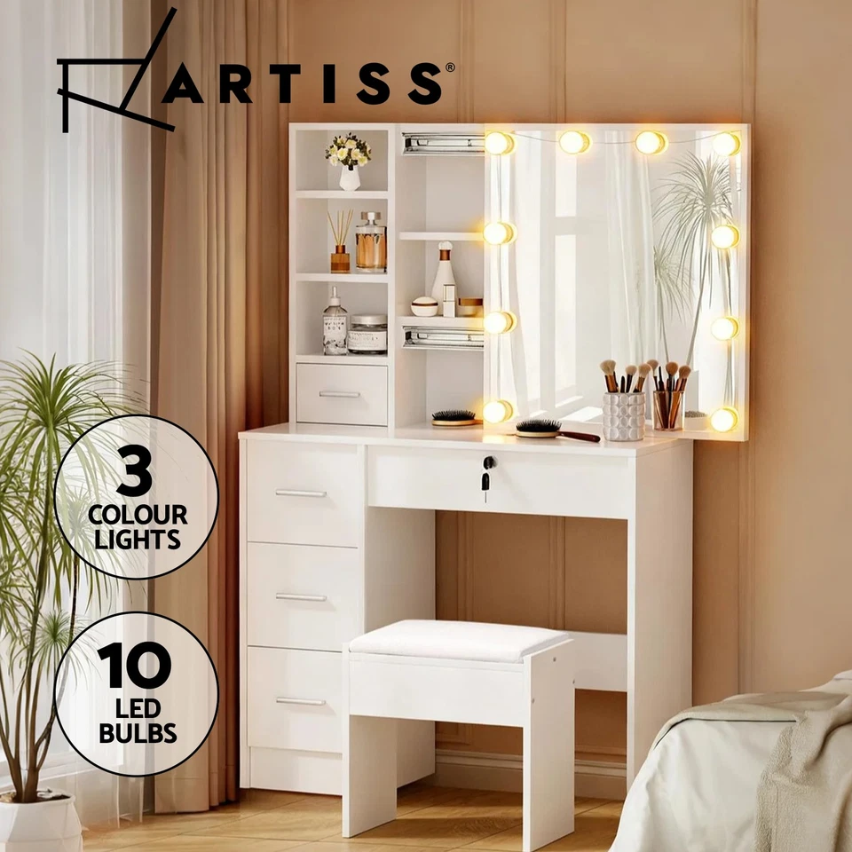 Artiss Dressing Table LED Makeup Mirror Stool Set Vanity Desk Cabinet 10 Bulbs