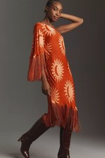 Farm Rio x Anthropologie One-Shoulder Fringe Dress Sun Crescent Moon Orange XS