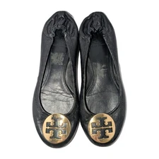 Tory Burch Minnie Ballet Flats Black Shoes 8.5 Leather Gold Logo Travel Slip-On 