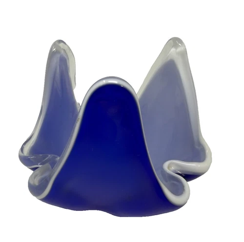 Vintage Murano Style Hand blown Art Glass Napkin Bowl Basket Cobalt Blue