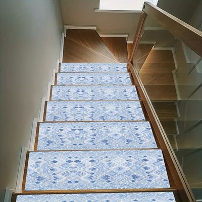 15pcs Blue Geometric Pattern Stair Treads with Non-Slip Rubber Backing, Non-Sl