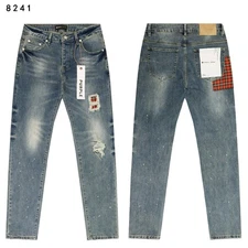 Blue Purple Brand Red Plaid Patched Jeans Street Distressed Slim Fit Jeans