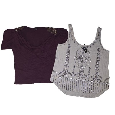 VTG Y2K Lot of 2 EXPRESS Tops, Sz L, Burgundy Srudded Grey Silver Sequin
