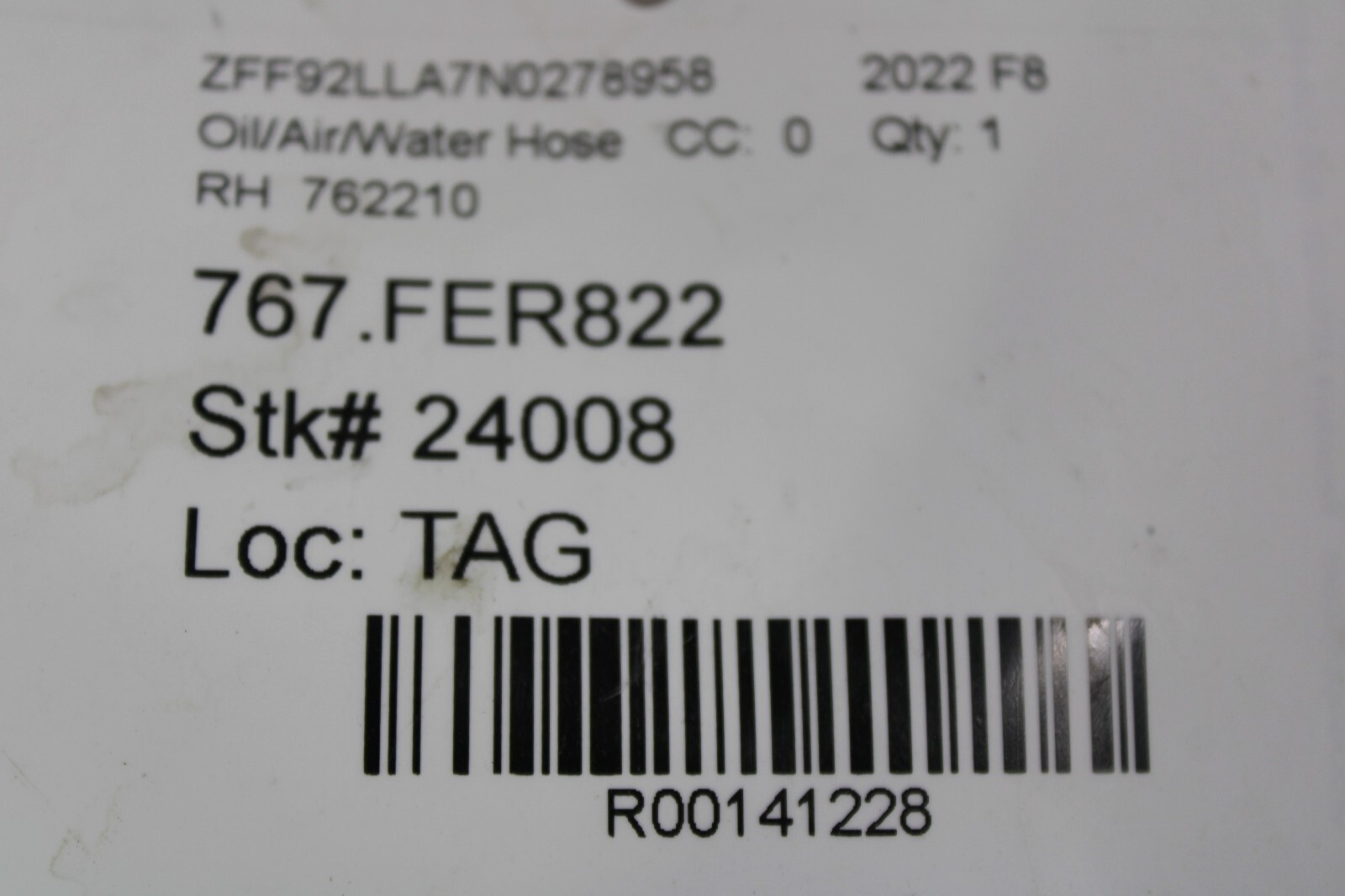 Ferrari F8, 488, RH, Right, Turbo to Intercooler Hose, Used, P/N 762210
