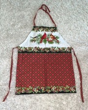 Christmas Reversible Bib Apron Christmas Cardinal Birds Holly Berries Pinecones