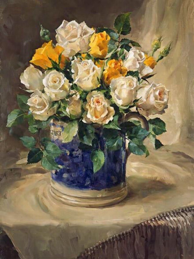 Anne Cotterill Blank Greeting/ Birthday Card - Yellow & Cream Roses in Jug  - lg