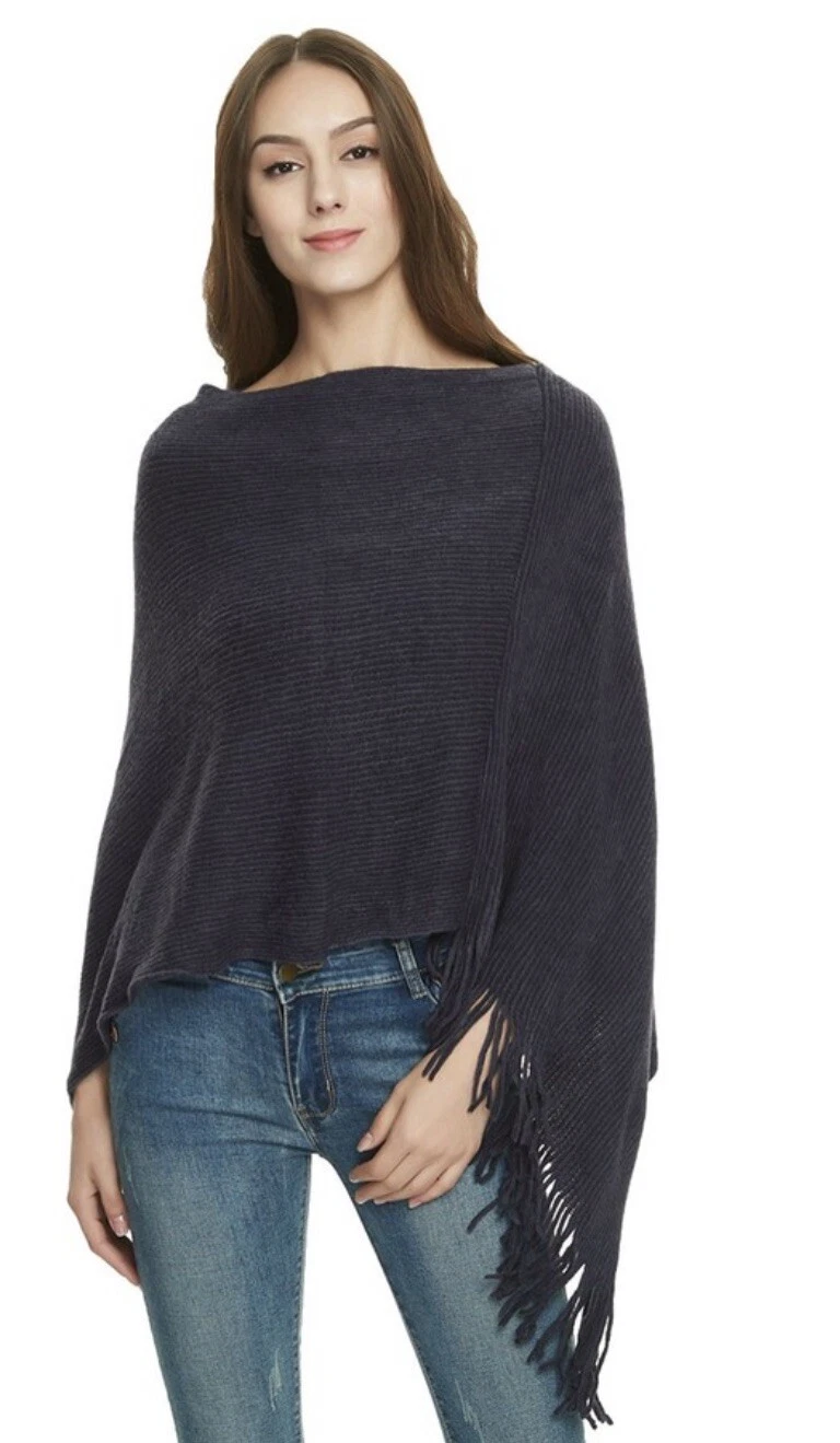 Ferand Women's Soft Knit Wrap Poncho Sweater Elegant Fringe Cape one size navy