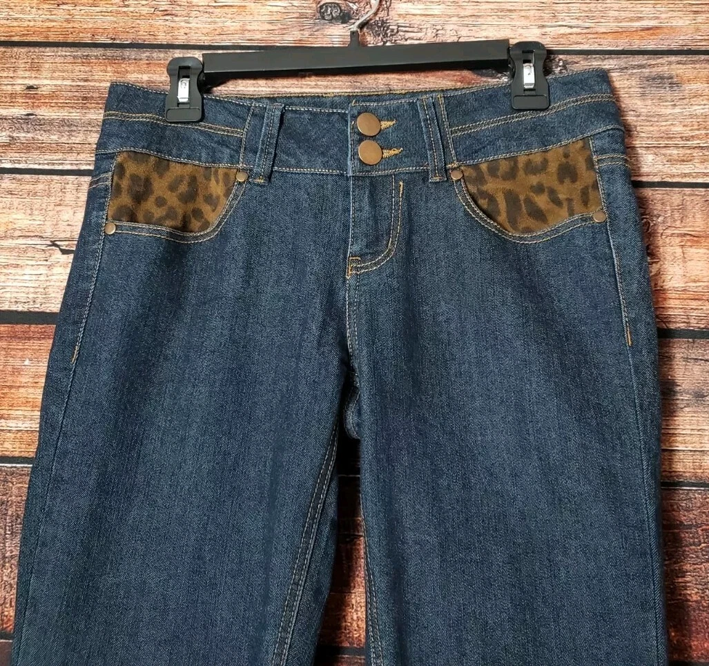 Pantalones de mezclilla Forever 21 28 premium azul oscuro estampado de leopardo adornados ajustados XXI