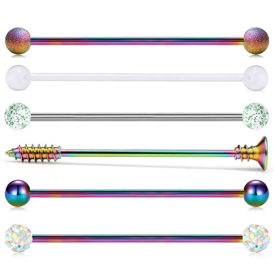 6 piezas Acero Inoxidable Industrial Barra para Oreja Lengua Pezón Anillo Circonita cúbica 14G Piercing Foto 2 de 4