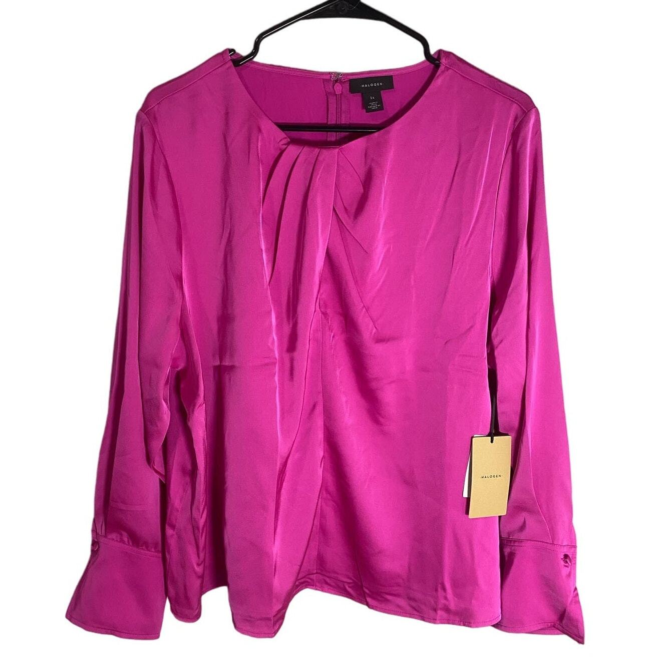New Halogen Long Sleeve Crossover Satin Blouse - Taffy Pink Size 1X