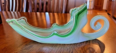 Vintage Hand Blown Art glass Green Swirl Leaf Sleigh Dish Handle