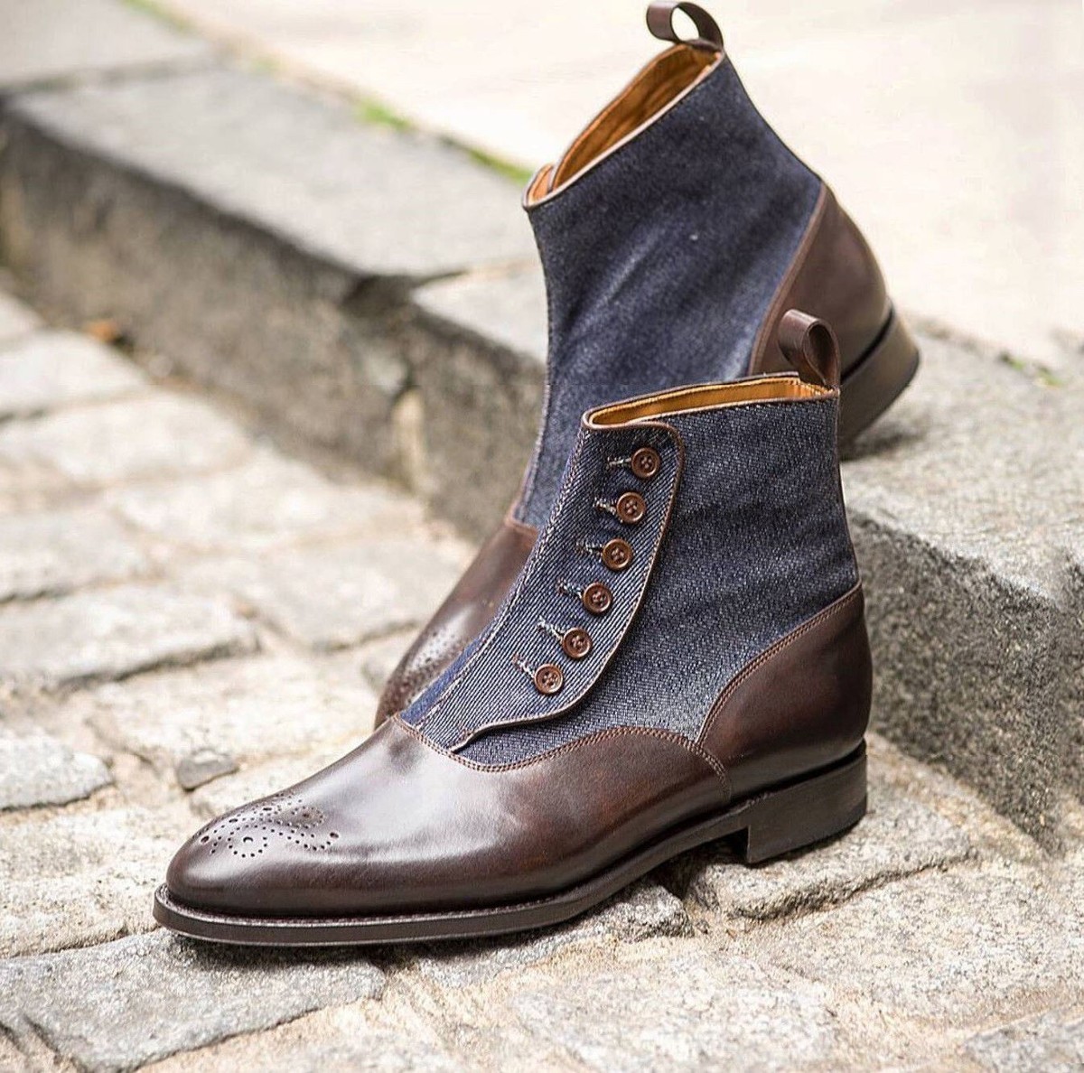 Hand Crafted Button Top Boots, Brogue Denim Leather Vintage 